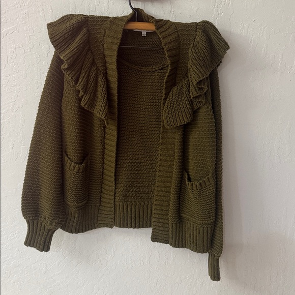 MADEWELL Olive Green Texture Open Front Ruffle Cardigan Sweater MA699 Small - Picture 3 of 7